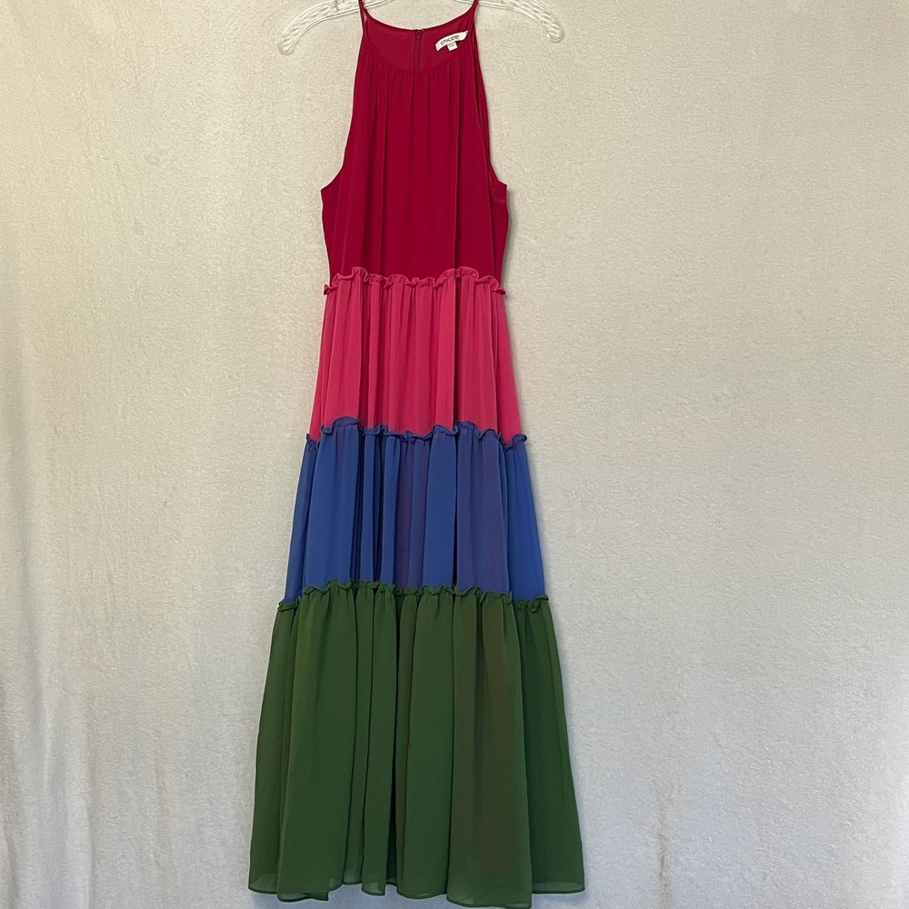 Chico's 1P Maxi Dress Color Block Ruffle Halter Sleeveless Party‎ Dress Petite M - Picture 15 of 16